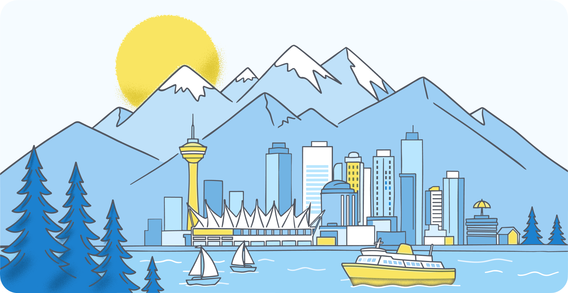Illustrated Vancouver skyline with mountains, Canada Place, and a ferry